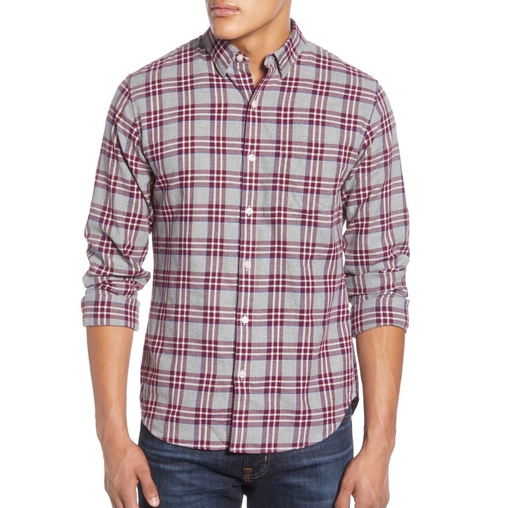 Bonobos Slim Fit Flannel Shirt Mens Medium Grey Burgundy Plaid 100% Cotton